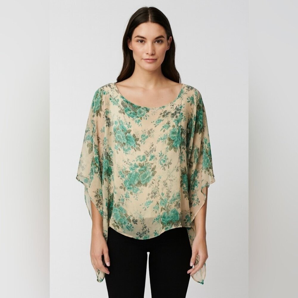 Adele Altman Floral Silk Blend Poncho Green Beige Blouse No Size Tag lagenlook